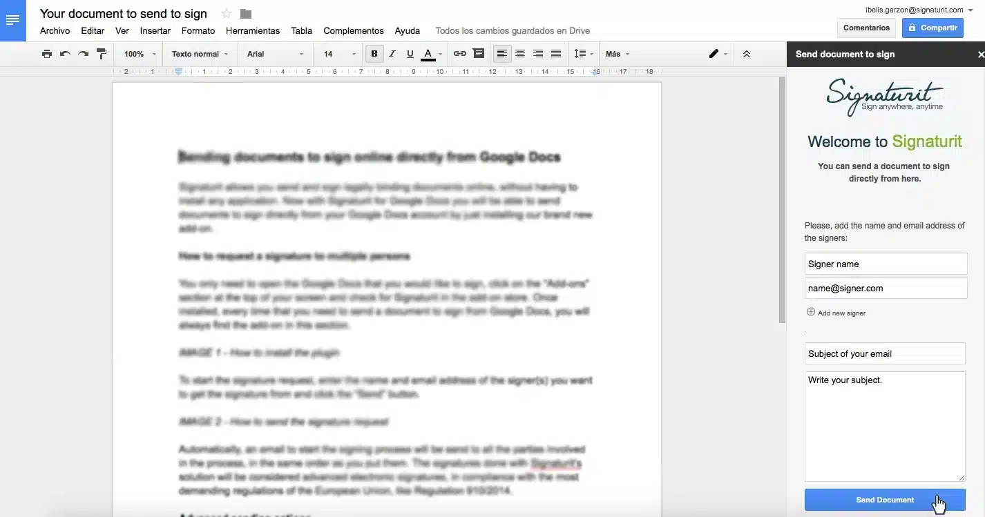 Sending a document for eSignature from Google Docs