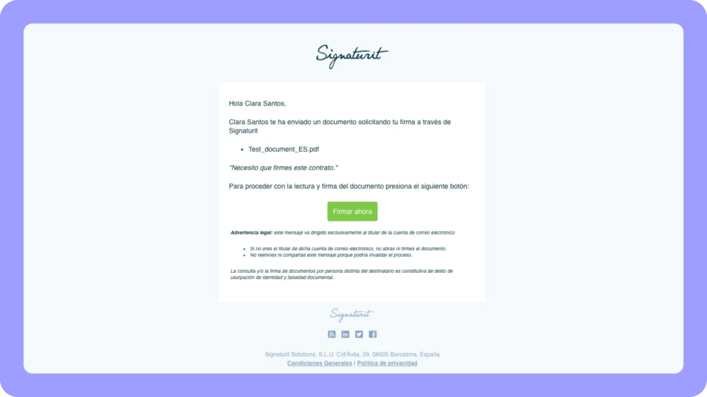 Modelo de Signaturit para firmar un documento por correo electrónico