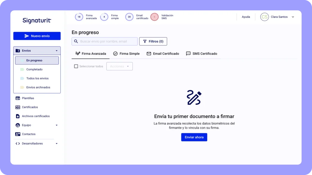 Interfaz de la solución de firma electrónica avanzada de Signaturit