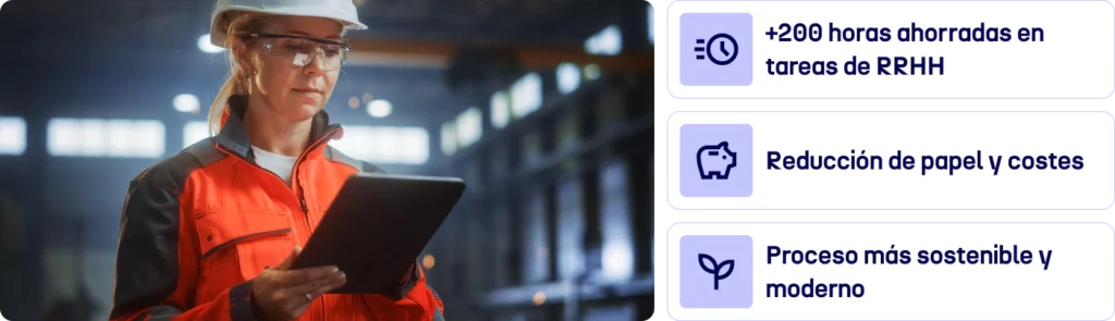+200 horas ahorradas en tareas de RRHH
Reducción de papel y costes
Proceso más sostenible y moderno